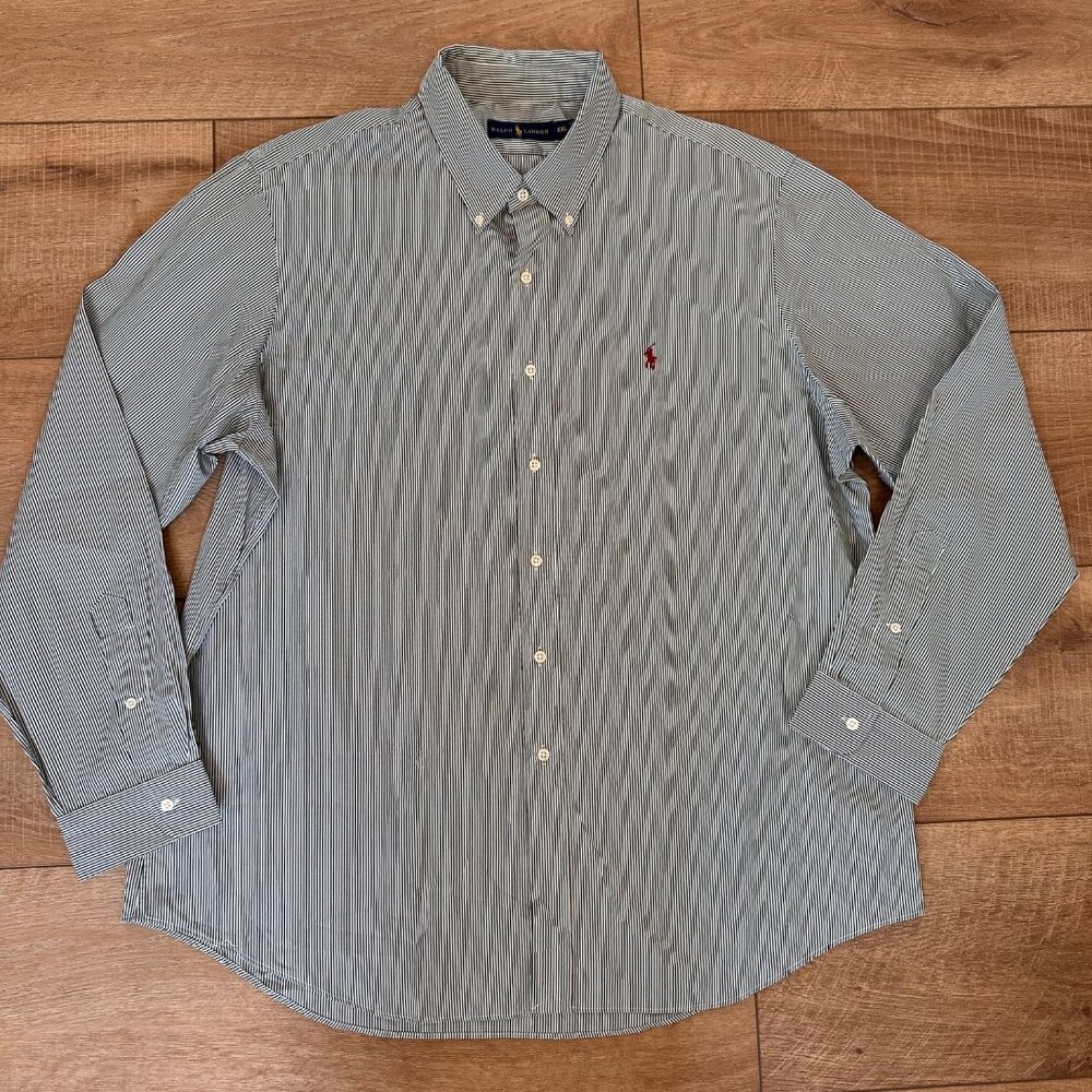 Ralph Lauren | Mens XXL Green White Striped Dressy Long Sleeve Button Down Shirt - Picture 1 of 8